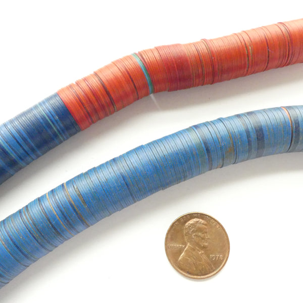 Vinyl Heishi 14mm Diameter, Blue Mixed with Black and a Red Section on 27-inch Strand