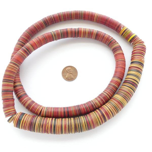 Vinyl Heishi, Mixed Diameter Red/Amber/Black 10-15mm Diameter on 32-inch Strand