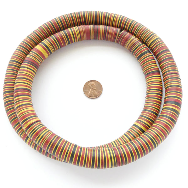 Vinyl Heishi, 14mm Diameter, Red/Amber/Black Mix on 32-inch Strand
