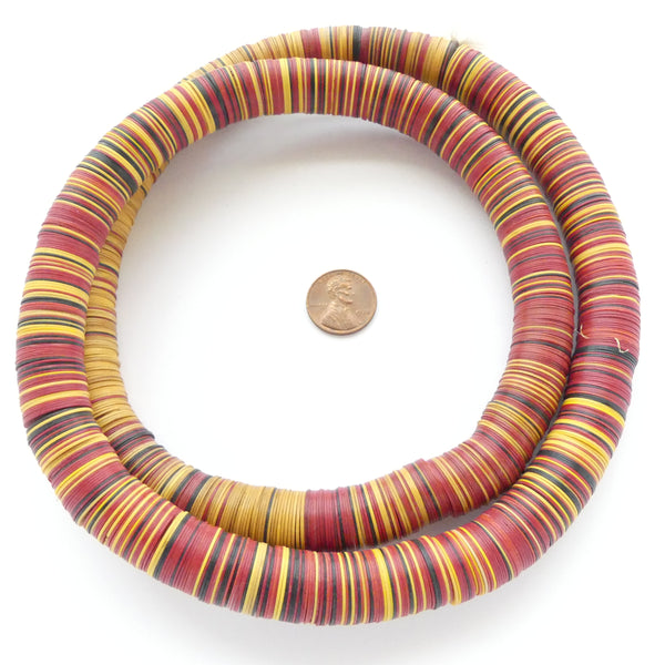 Vinyl Heishi, 14mm Diameter, Red/Amber/Black Mix on 32-inch Strand