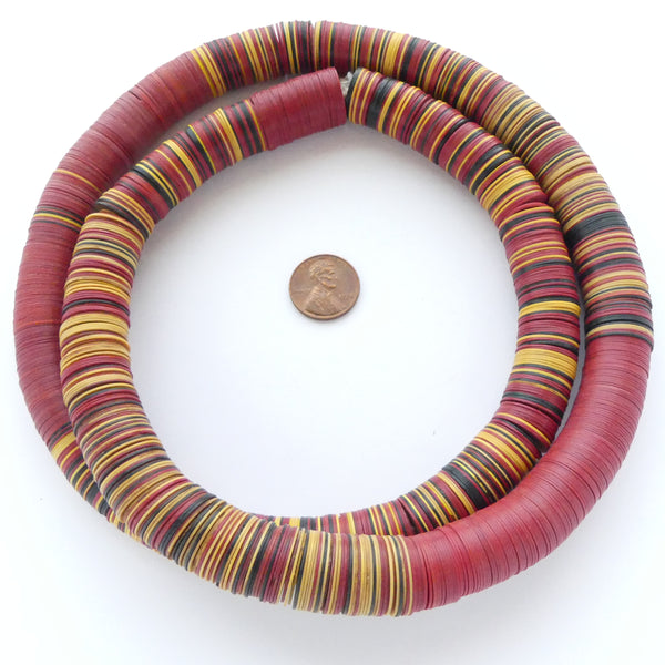 Vinyl Heishi, 14mm Diameter, Red/Amber/Black Mix on 32-inch Strand