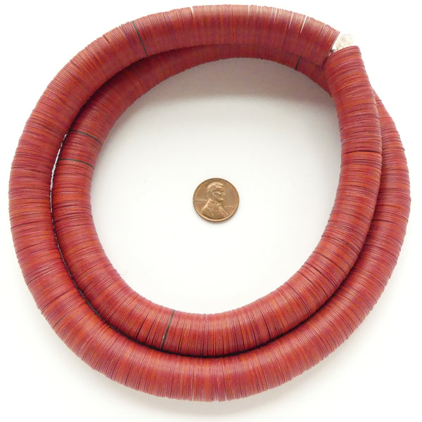 Vinyl Heishi, 14mm Diameter, Brick Red on 31-inch Strands
