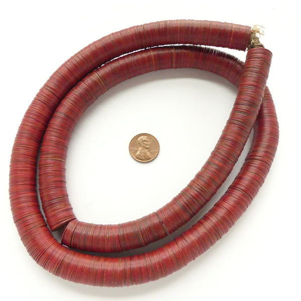 Vinyl Heishi, 14mm Diameter Brick Red on 32-inch Strand