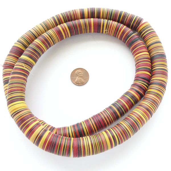 Vinyl Heishi, 14mm Diameter, Red/Amber/Black Mix on 32-inch Strand