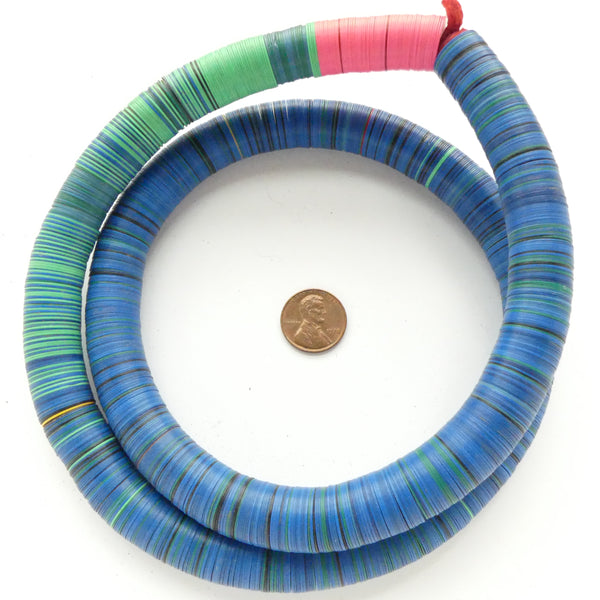 Vinyl Heishi, 14mm Diameter, Mostly Blue with some Green and Pink, 30-inch Strand
