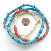 Snake Beads, Vintage French Glass, Small Turquoise and Coral, 6mm on 22-inch Strand