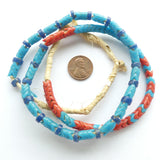 Snake Beads, Vintage French Glass, Small Turquoise and Coral, 6mm on 22-inch Strand