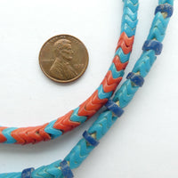 Snake Beads, Vintage French Glass, Small Turquoise and Coral, 6mm on 22-inch Strand