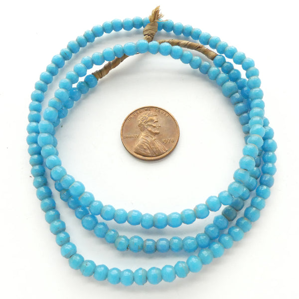 Molded Vintage Czech Glass (Prosser) Beads, Round 3.5mm Turquoise on 23-inch Strands
