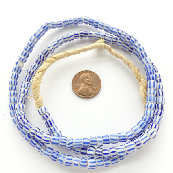 Striped Seed Beads, Antique, Blue on White, 5mm, on 22-inch Strands