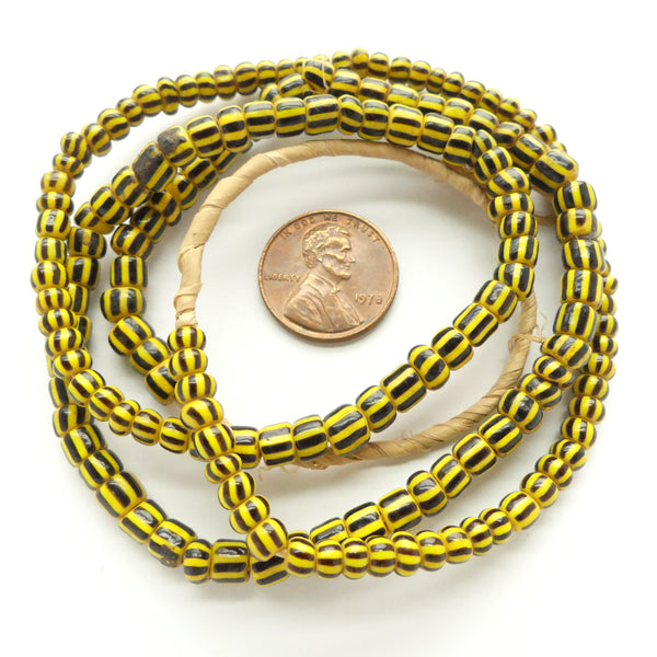 Striped Seed Beads, Antique, Black on Yellow, 4.5-5.5mm on 23-inch Strand