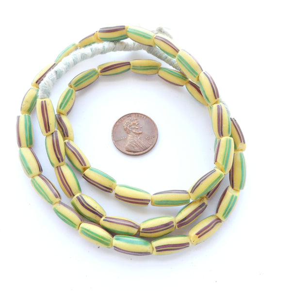 Watermelon Beads, Amber with Brown and Green Stripes on 24-inch Strand
