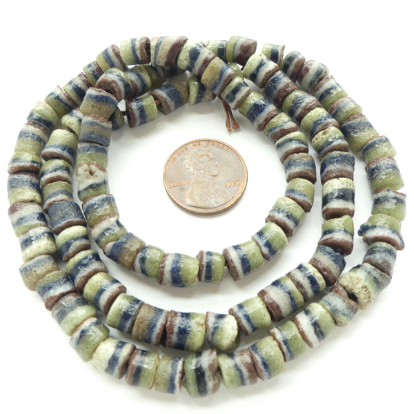 Powderglass, Vintage Striped Multi-color Krobo Beads, 5x6-7mm on 22-inch Strand