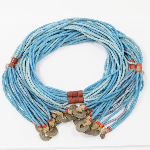 Turquoise Glass Bead Necklace, Hausa-Fulani with Coins, 20 strands 37-inches long