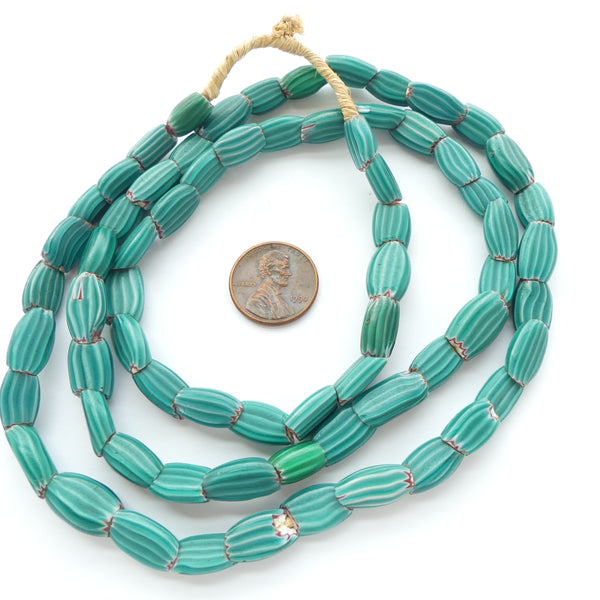 Chevrons, Vintage Venetian Teal "Pinched" and Flattened "Watermelon" Beads, 30-inch strand