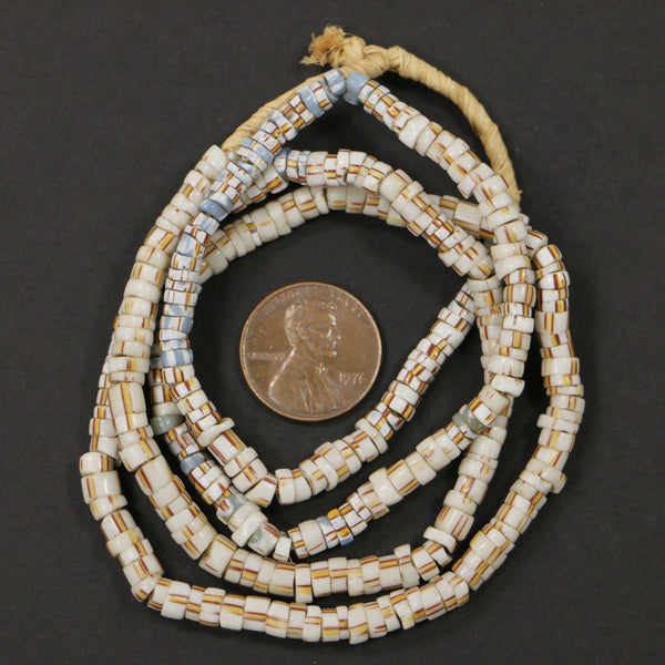 Seed Beads, Vintage, White with Red & Amber Stripes, 4-5mm Diameter on 24-inch Strand