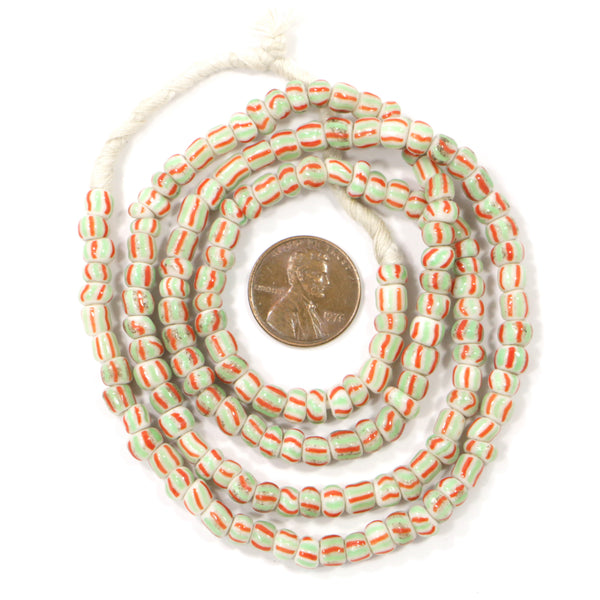 Seed Beads, Vintage, White with Light Blue & Bright Red Stripes, 5mm Diameter on 24-inch Strands
