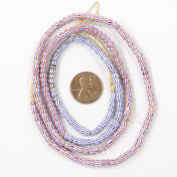 Seed Beads, Vintage, Mixed Strand White/Blue and White/Blue/Red Stripes, 3mm Diameter on 24-inch Strand