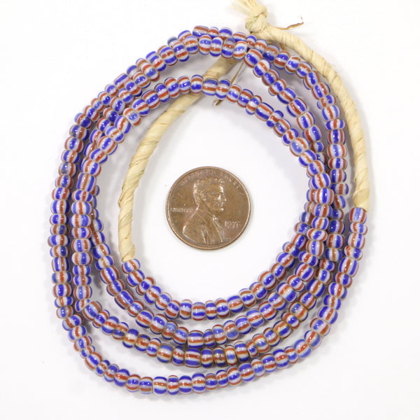 Seed Beads, Vintage, White with Blue & Brown Stripes, 4mm Diameter, 25" Strand