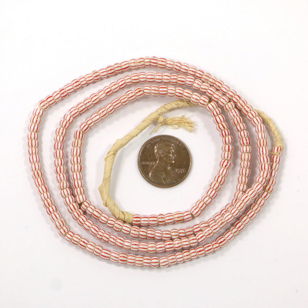 Seed Beads, Vintage, White with Red Stripes, 4mm Diameter, 25" Strand