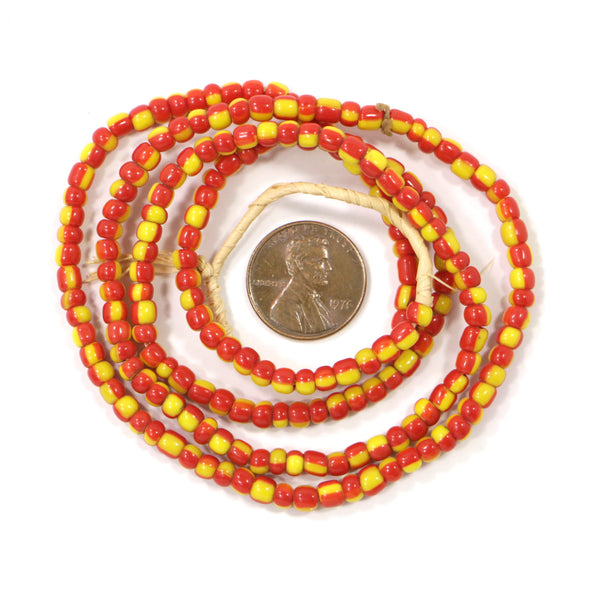 Seed Beads, Vintage, Yellow and Red Stripes, 4mm diameter, on 24" strand
