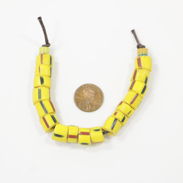Yellow Short Cylinders, Vintage with Brick and Black Stripes, 9x10mm, Short 6-Inch Strand
