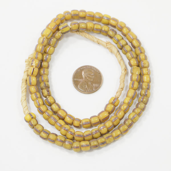 Amber Color Large Seed Beads with Red/White/Blue Stripes, 6mm Diameter on 19-inch Strand