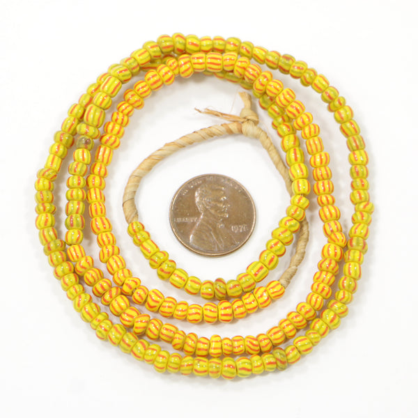 Seed Beads, Vintage, Yellow with Red Stripes & Yellow with Red & Green Stripes, 4mm Diameter, 23" Strand