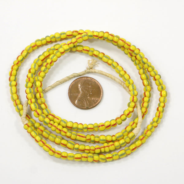 Seed Beads, Vintage, Yellow with Red & Green Stripes, 4mm Diameter, 24" Strand