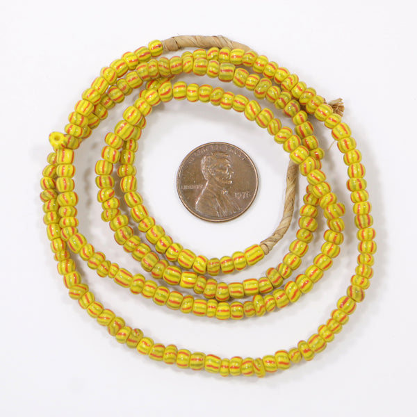 Seed Beads, Vintage, Yellow with Red & Green Stripes, 4mm Diameter, 24" Strand