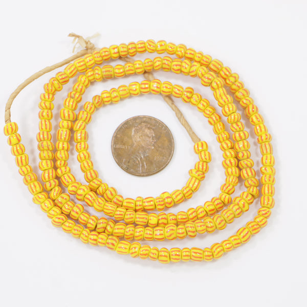 Seed Beads, Vintage, Yellow with Red Stripe, 4mm Diameter, 23" Strand