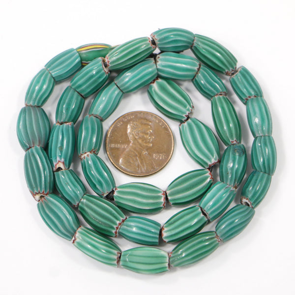 Watermelon Beads, Teal, Pinched Ovals, Some Flattened, 12x8mm on 18-inch Strand