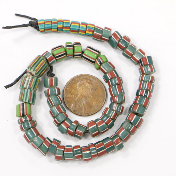 Small African Strands, Green With Multi-color Stripes, 6mm Diameter on Short 10-inch Strand