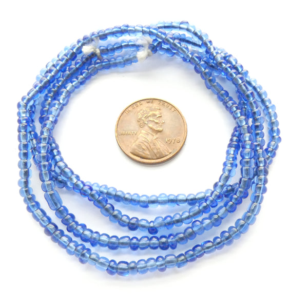 African Vintage Seed Beads, Medium Blue Translucent, 3mm on 27-inch Strands
