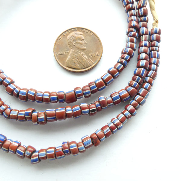 Striped Antique Venetian Glass Seed Beads, White & Blue on Brown, 3-4mm on 22-inch Strands