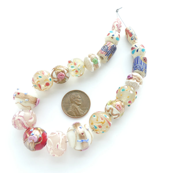 White and Clear Fancy Antique Venetian Lampwork Beads, Short 10-inch Strand of 19 Beads