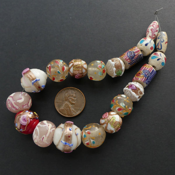 White and Clear Fancy Antique Venetian Lampwork Beads, Short 10-inch Strand of 19 Beads