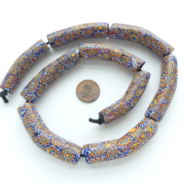 Millefiori, Antique Venetian Trade Beads, Short Strand of Multicolor Chevron Elbows , 55x13mm