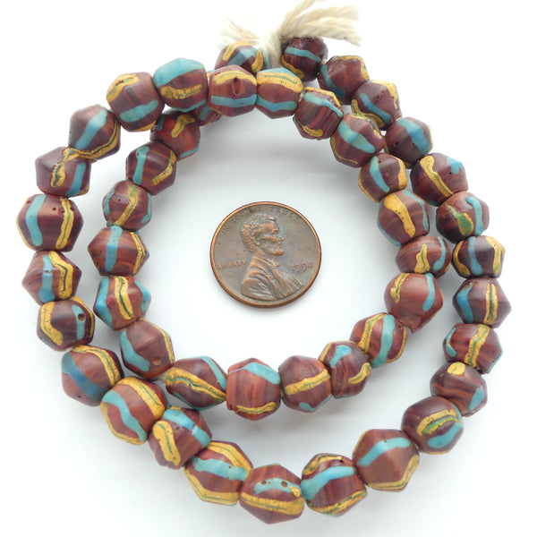 Lampwork, Antique Venetian, Mini King Beads, Brown with TQ & Amber Stripes, Strand of 46