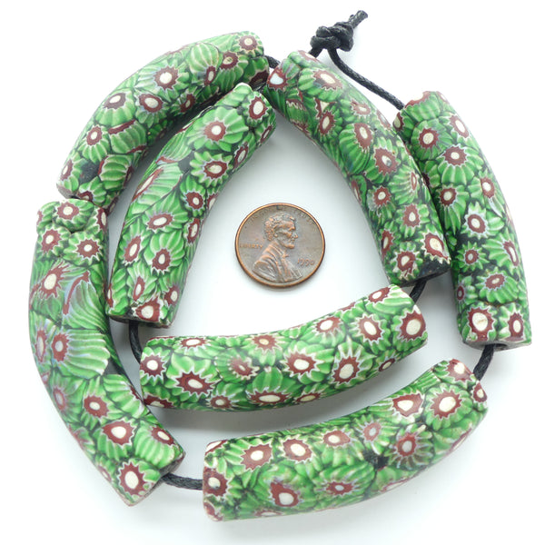 Millefiori Antique Venetian Trade Bead, Strand of 7 Large Green Chevron Elbowsm 60x14mm each
