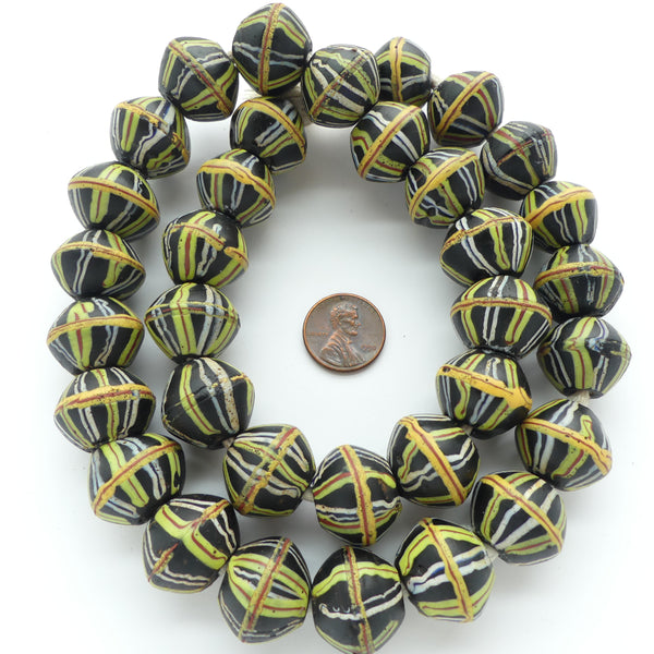 Lampwork, Antique King Beads, Black with Lime, Brick & Amber Stripes, High Graded Strand of 34 Beads