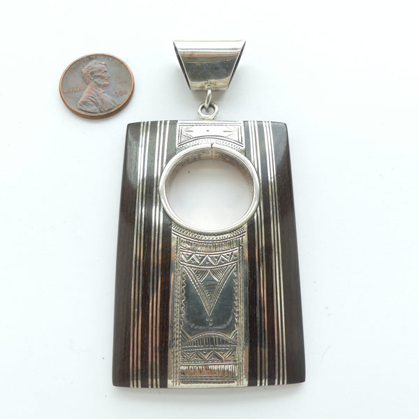 Morocco Silver and Ebony Pendant, Contemporary Tuareg Work, 3.25 inches Long with Bail