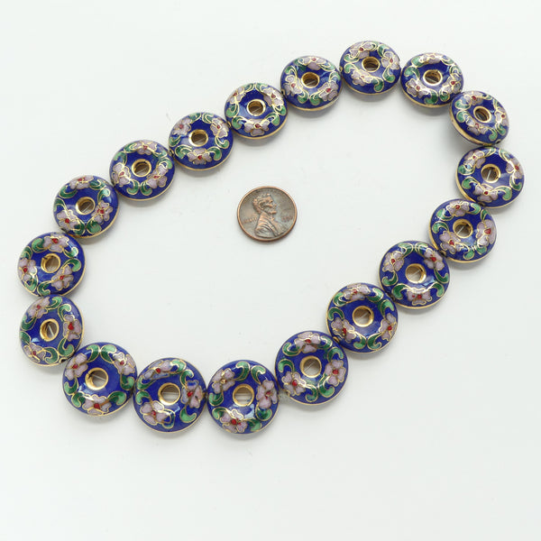 Cloisonne, Vintage Donut (Bi), Dark Blue with Pink Flowers, 20mm. Sold Individually