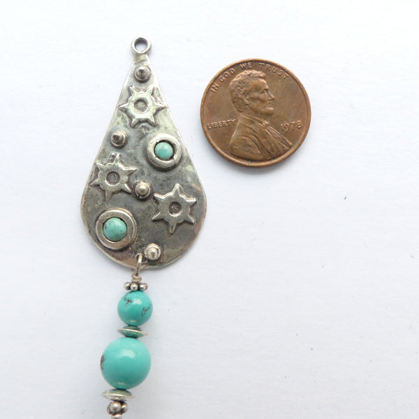 Himalayan, Two Part Pendant, Silver Drop Shape with Turquoise Accents, 2.5 Inches Long