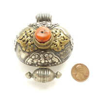 Gau, Antique Tibetan Amulet of Silver, Brass, and Copper with Coral, 72mm long
