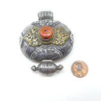 Gau, Antique Tibetan Amulet of Silver, Brass, and Copper with Coral, 72mm long