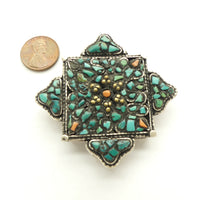 Gau, Silver Amulet Case Covered with Turquoise and Coral Inlay, 50x50mm