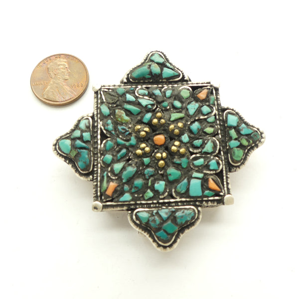 Gau, Silver Amulet Case Covered with Turquoise and Coral Inlay, 50x50mm