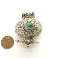 Gau, Silver Amulet Box with Auspicious Buddhist Symbols and Stones, 40x50mm