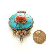 Gau, Amulet Case Silver with Coral and Turquoise,Vintage, 38x45mm